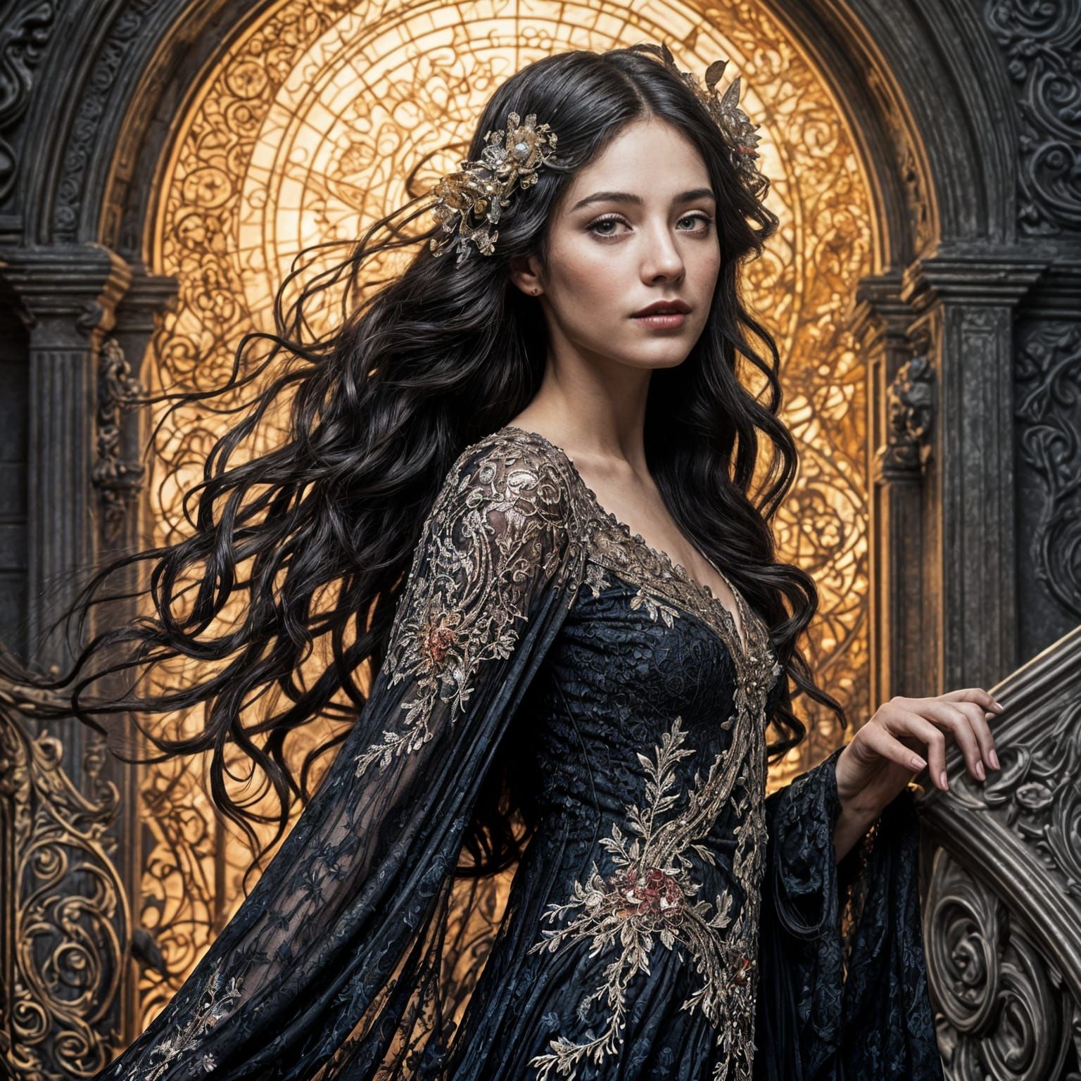 Ethereal Woman Ascends a Lavish Baroque Staircase