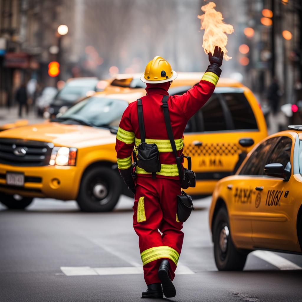 Human Torch Hailing Taxi: Professional Photography
