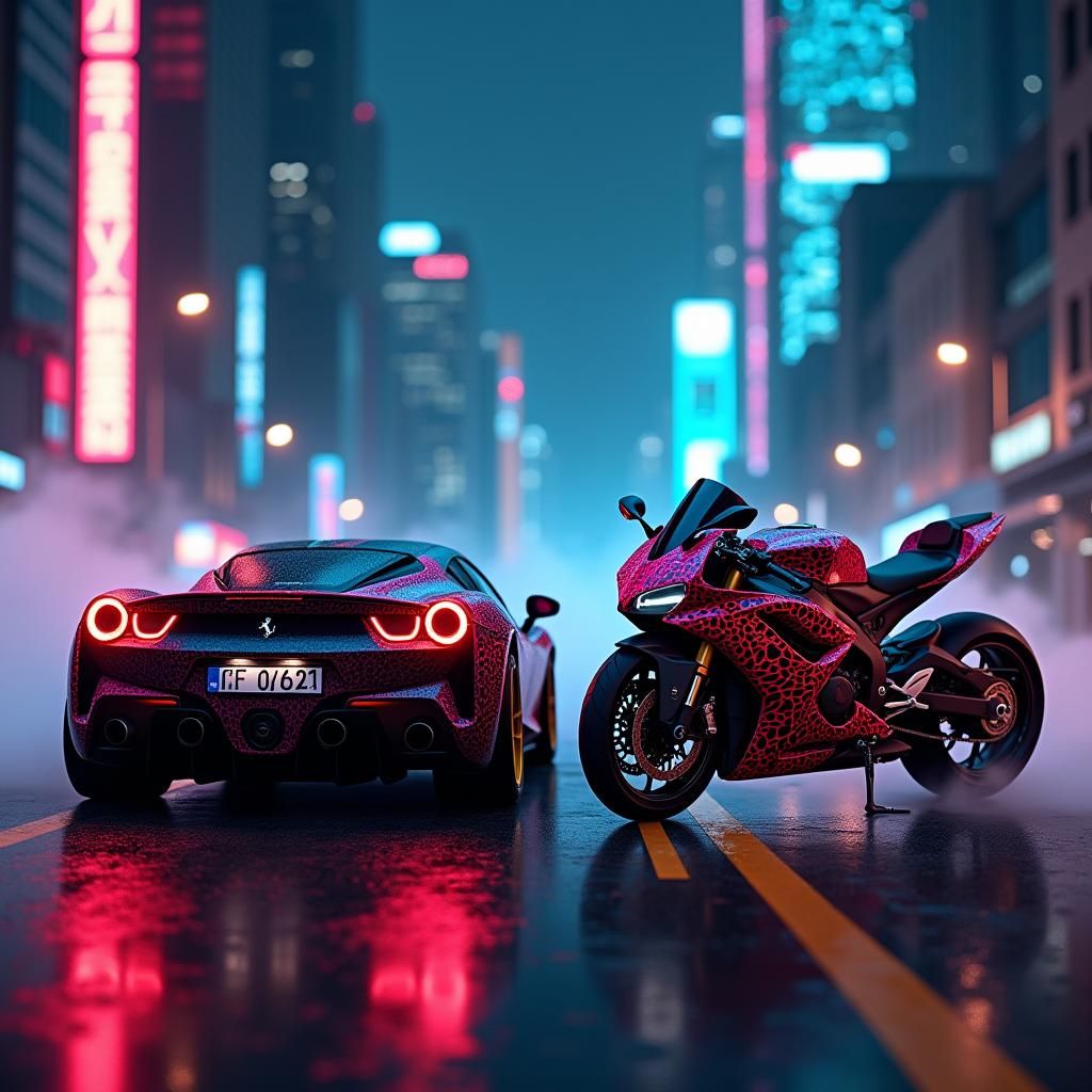 Neon Dragon Ferrari and Kawasaki in Cyberpunk Cityscape