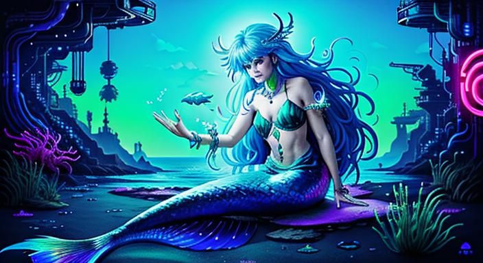 Neon Biopunk Mermaid Goddess Digital Art
