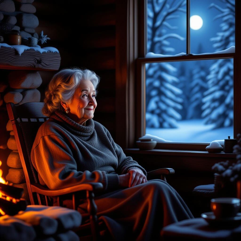 Grandmother by Fireplace in Cozy Cabin with Snowy Forest Vie...