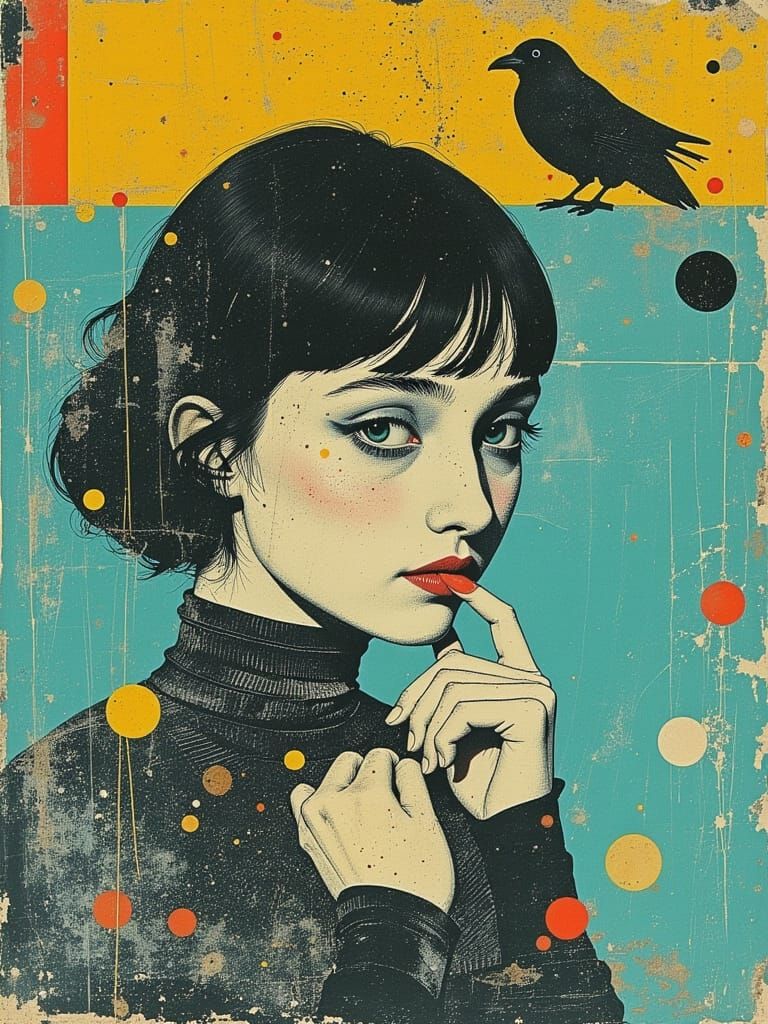 Ethereal Woman Lost in Thought with Ink Splatters