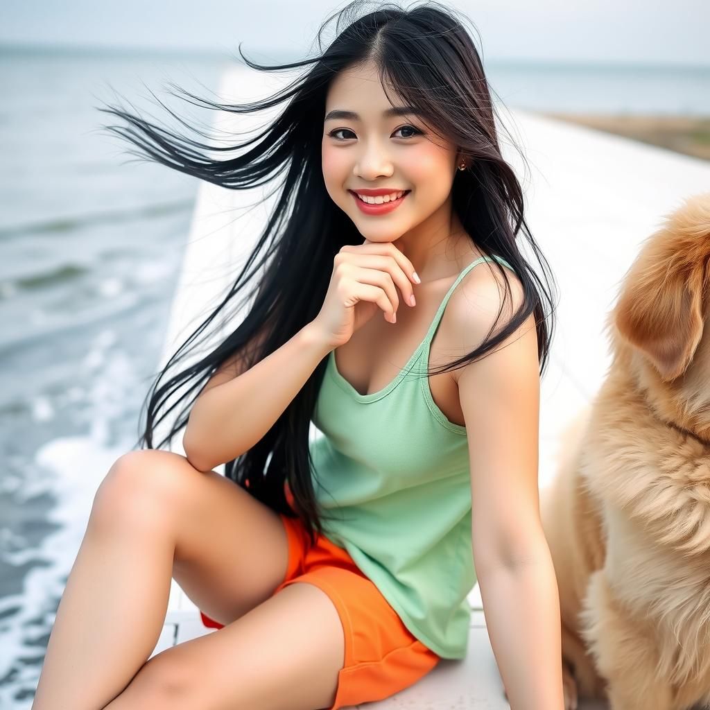 Relaxed Woman with Golden Retriever on Pier