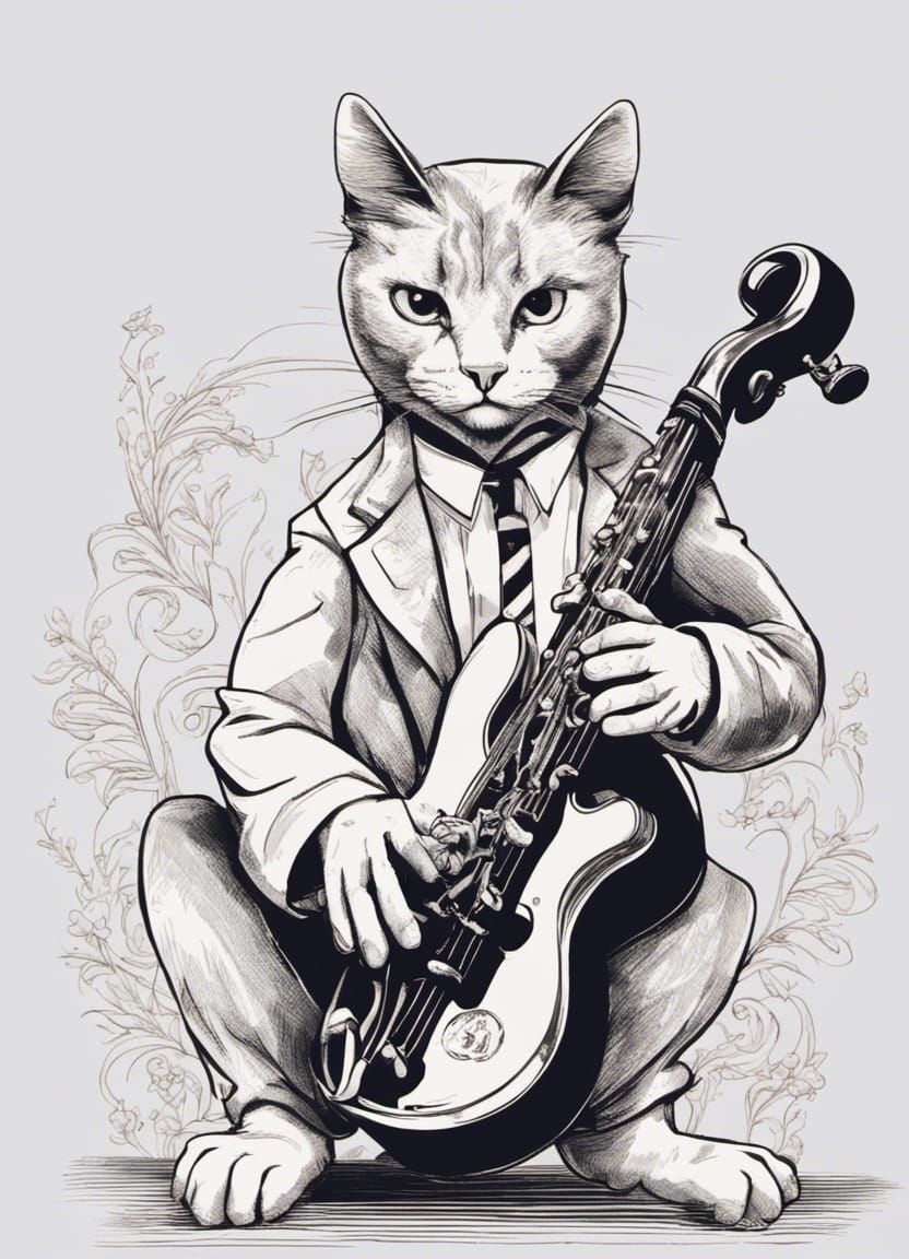 Cat musician with violin-guitar