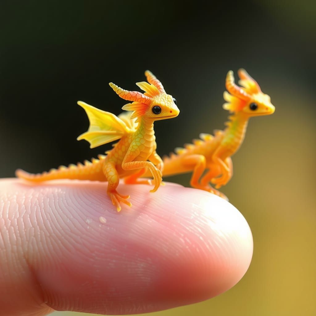 Miniature Dragons Perched on a Finger