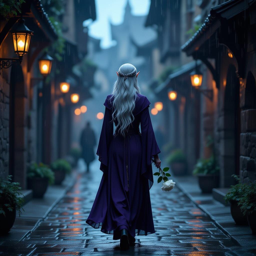Elegant Elf Woman in Violet Robes in Rainy Medieval City
