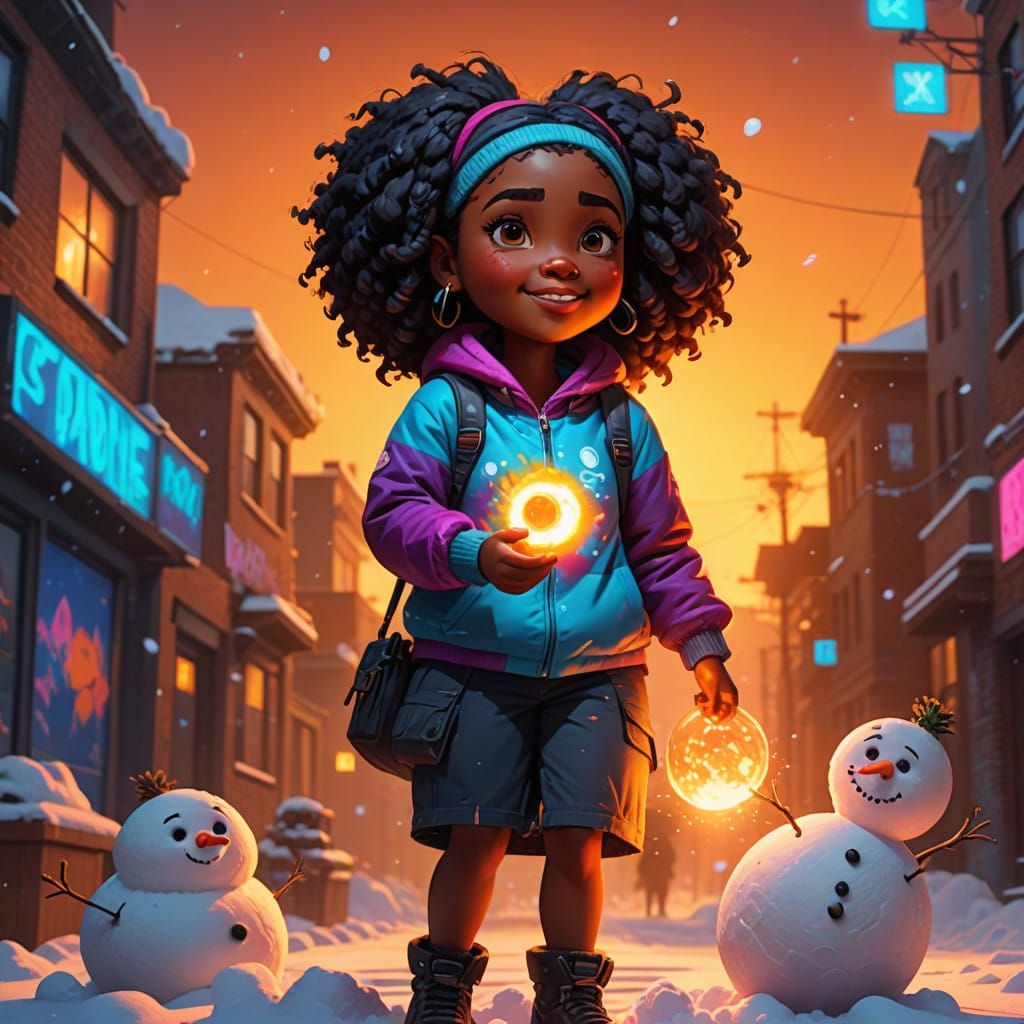 Vibrant Snowy Scenes of a Happy Black Girl Building Snowmen