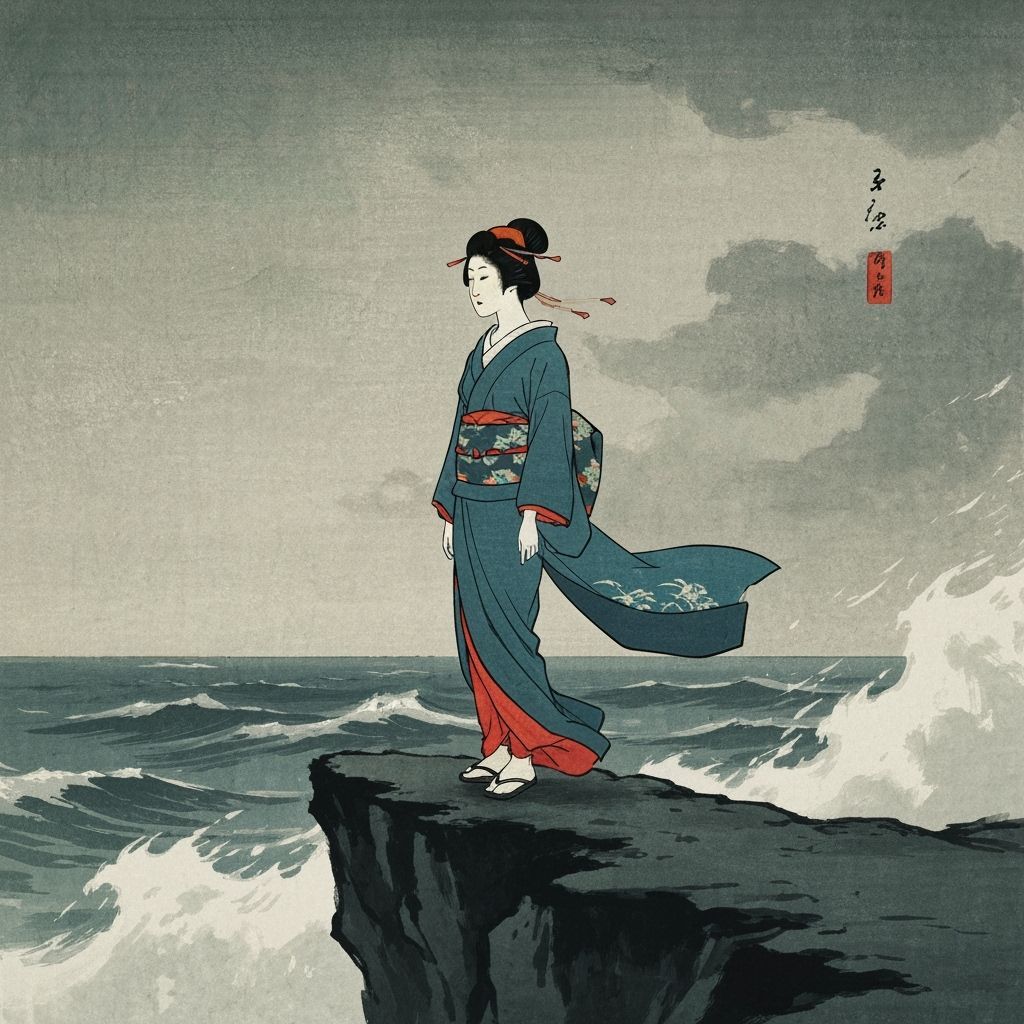 Geisha Contemplating Stormy Seas in Ukiyo-e Style