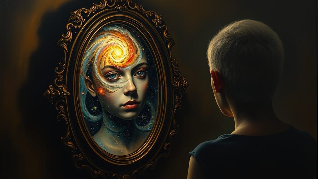Surreal Reflection: Cosmic Identity Revealed in Antique Mirr...