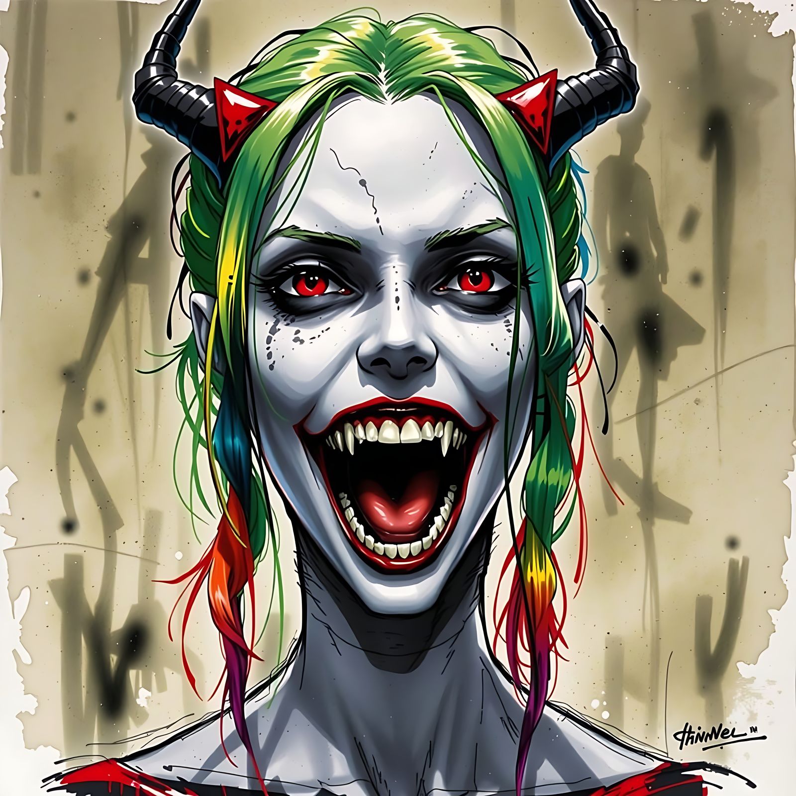 Harley Quinn Portrait with Fangs and Glowing Eyes