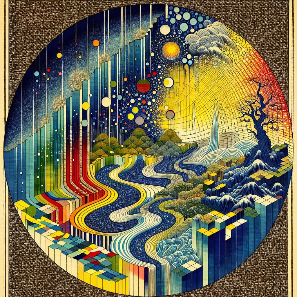 Ukiyo-e Radar Map with Cascading Rivers