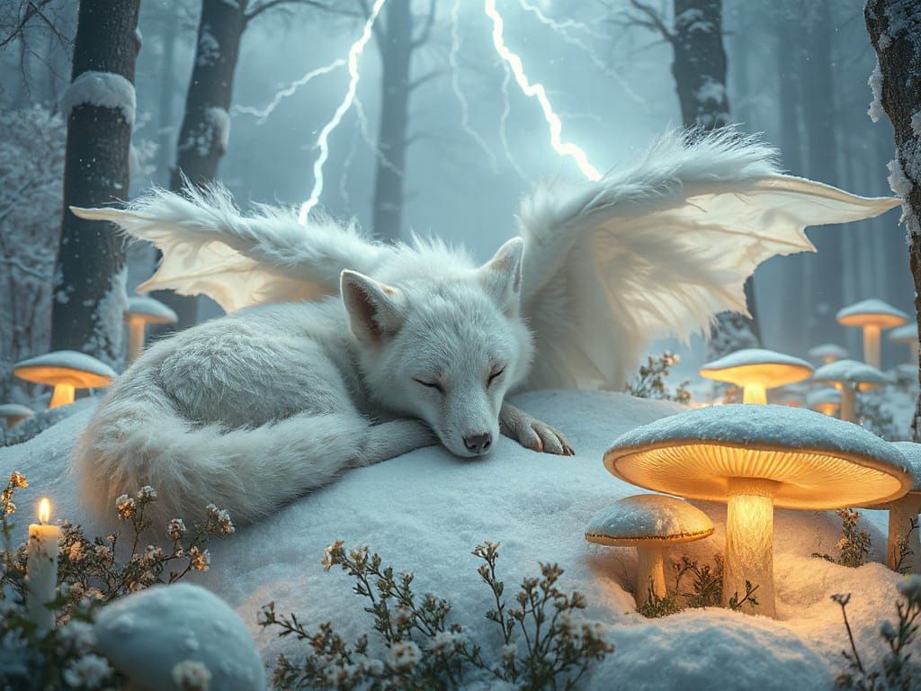 Whimsical Dragon Fox Hybrid Soars in a Stormy Opalescent For...