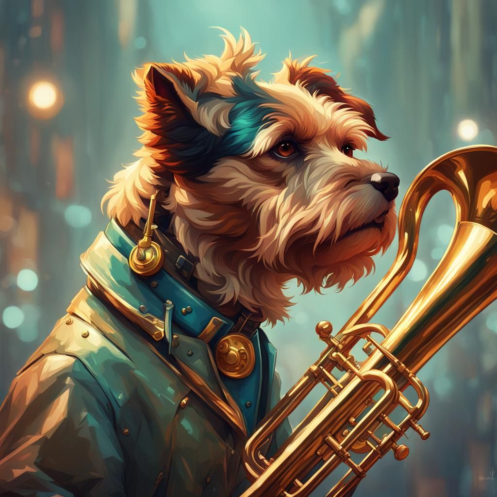 Terrier Dog with Trombone: Hyperdetailed Art Portrait