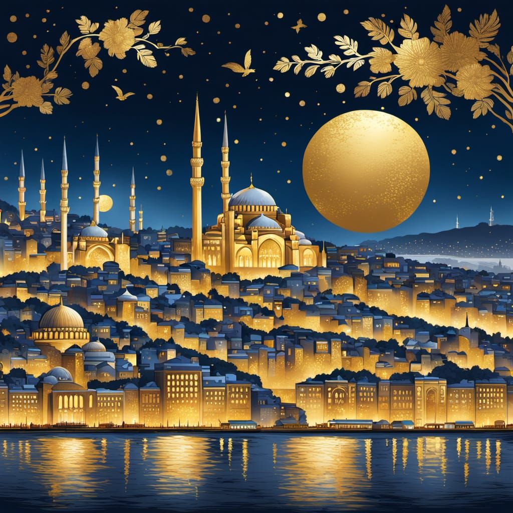 Luxurious Istanbul Skyline at Twilight with Golden Domes and...