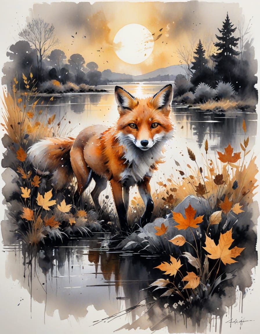 Sly Fox in Autumn Dusk: Ink Wash and Watercolour