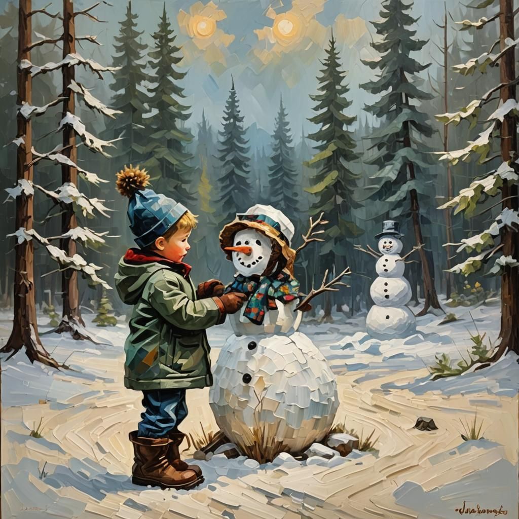 Child Building Snowman: Impasto Oil Painting