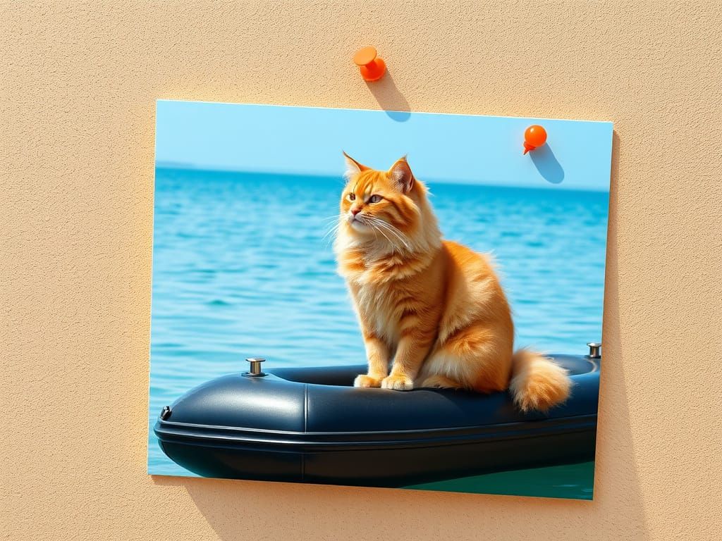 Fluffy Cat on Pneumatic Boat in Azure Sea