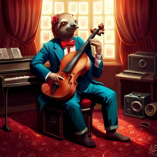 Sloth Rocker Cello Player in Teddy Boy Style