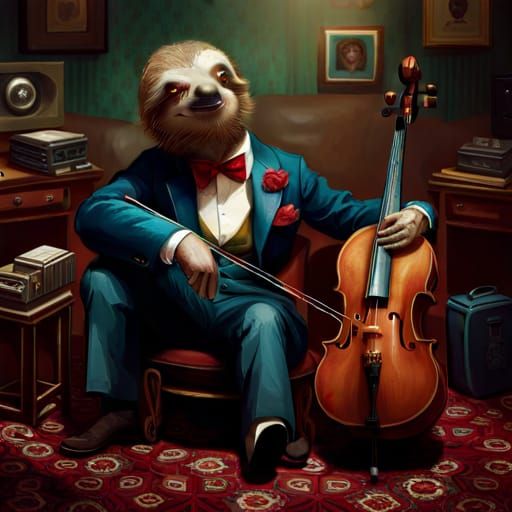 Sloth Rocker Cello Player as Fantasy Album Art