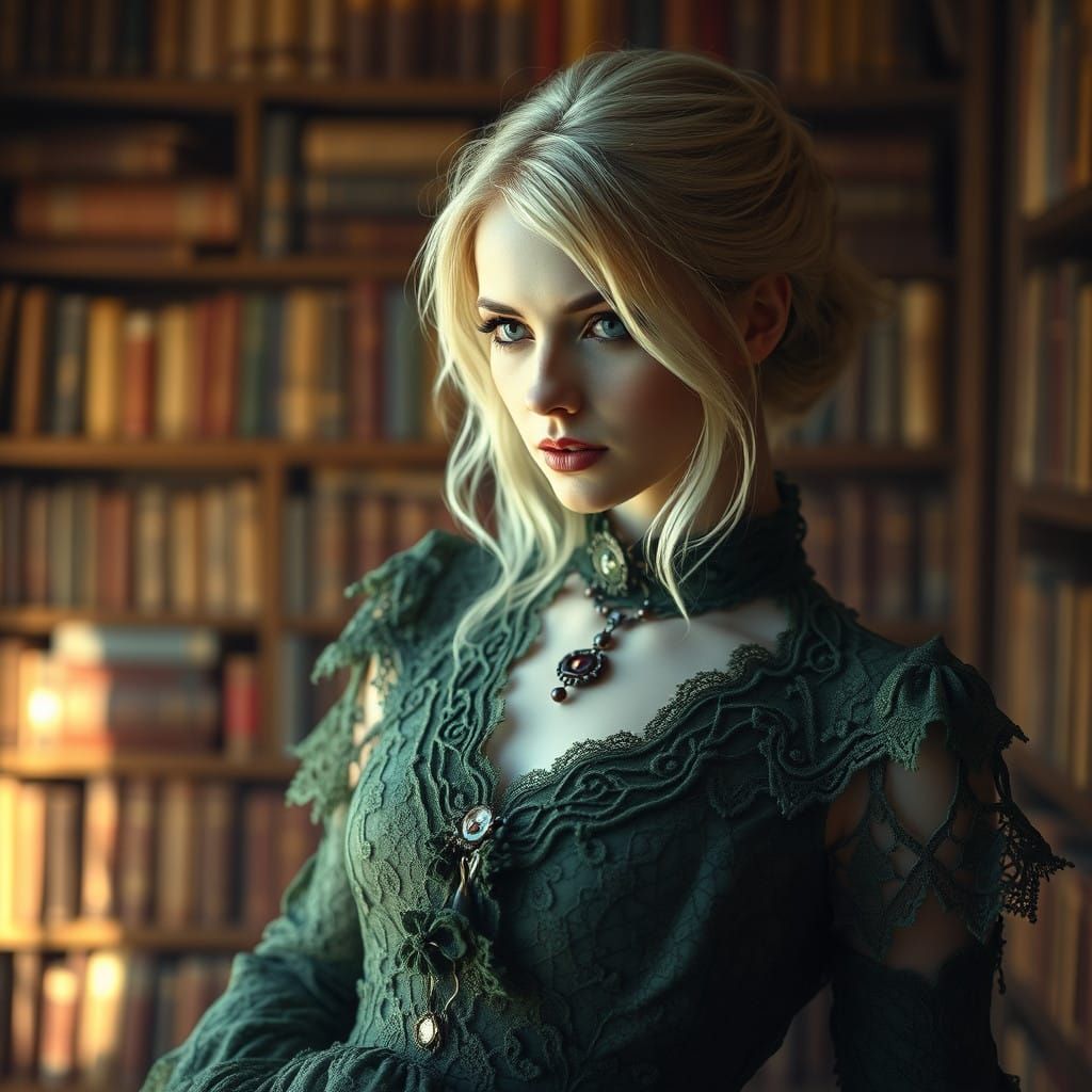 Gothic Woman in Intricate Lace Dress with Brooches and Myste...