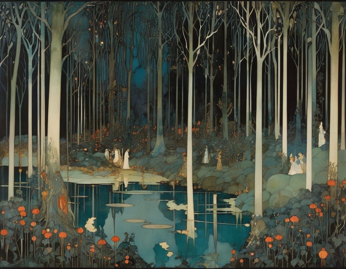 Gothic Forest Procession with Torches and Geometric Patterns