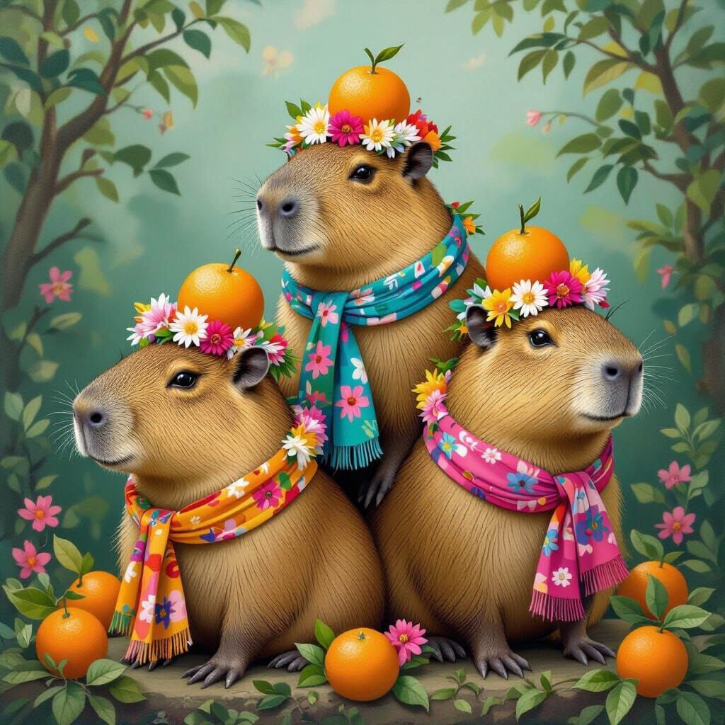 Stacked Capybaras with Oranges, in Whimsical Style