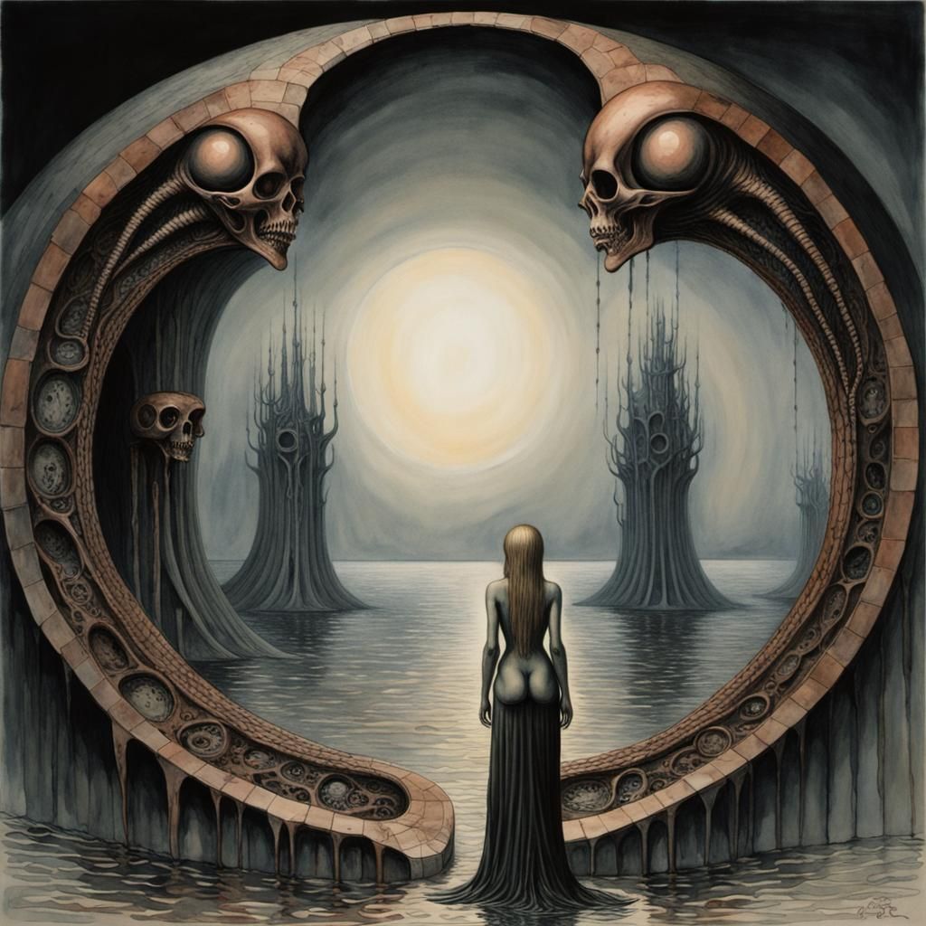 Watercolor Circles in HR Giger Horror Style