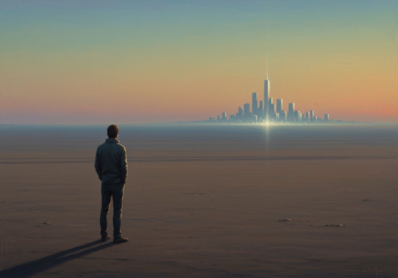 Impressionist Painting of Figure Gazing at Distant City