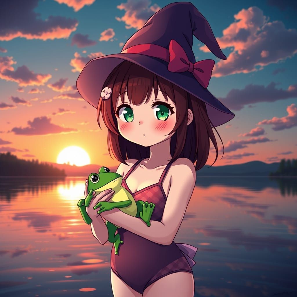 Anime Witch in Cel-Shaded Style with Serene Lake and Vibrant...
