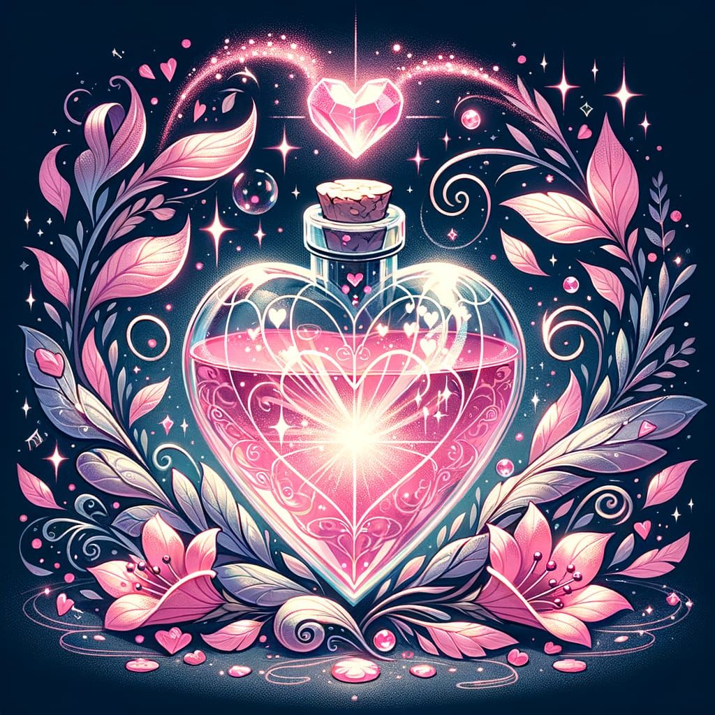Magical Love Potion in Heart Bottle with Pink Sparkles