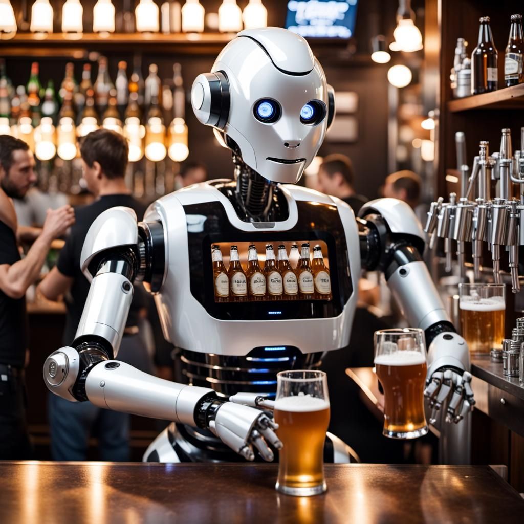 Robot Bartender Serving Beer in Crowded Bar