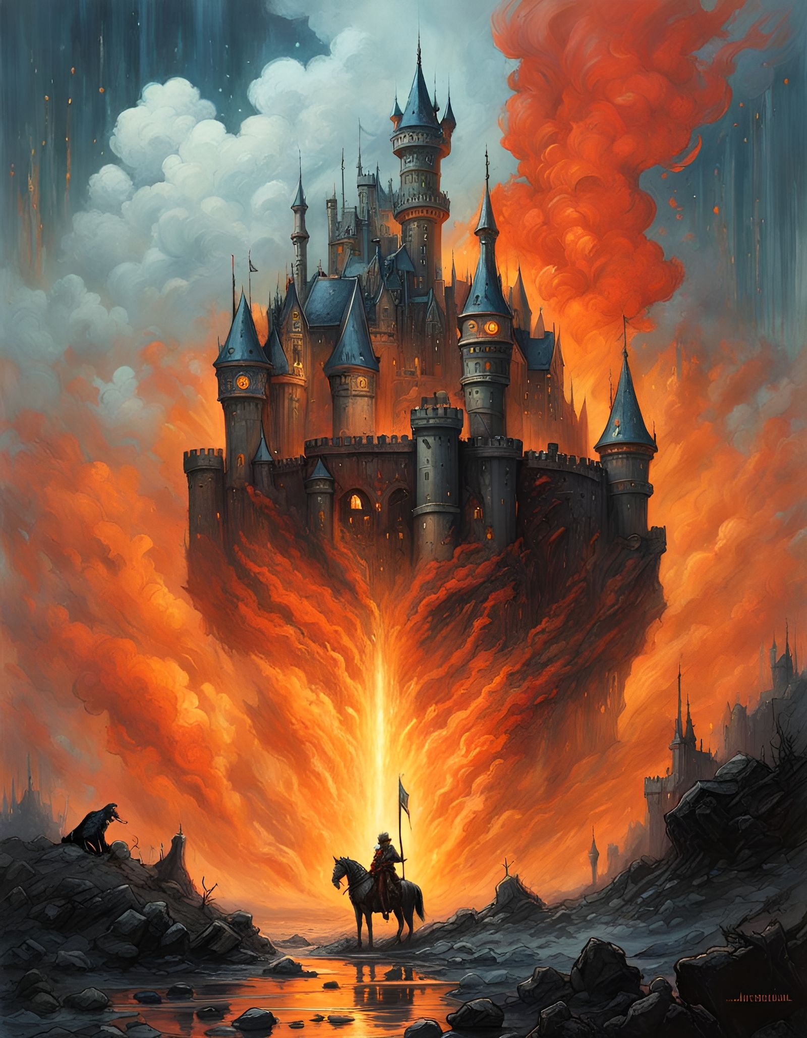 Gothic Dieselpunk Castle Engulfed in Cybernetic Cloud