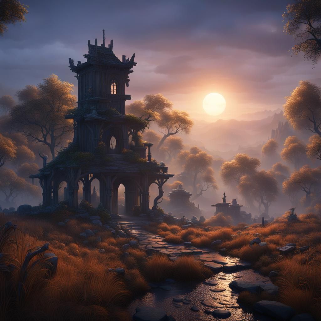 Misty Landscape at Dusk: Detailed Matte Painting