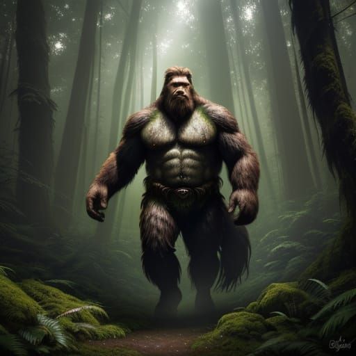 Bigfoot in Lush Forest Digital Painting
