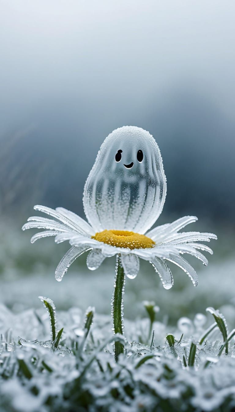 Ghostly Figure on Frosty Daisy Macro Shot