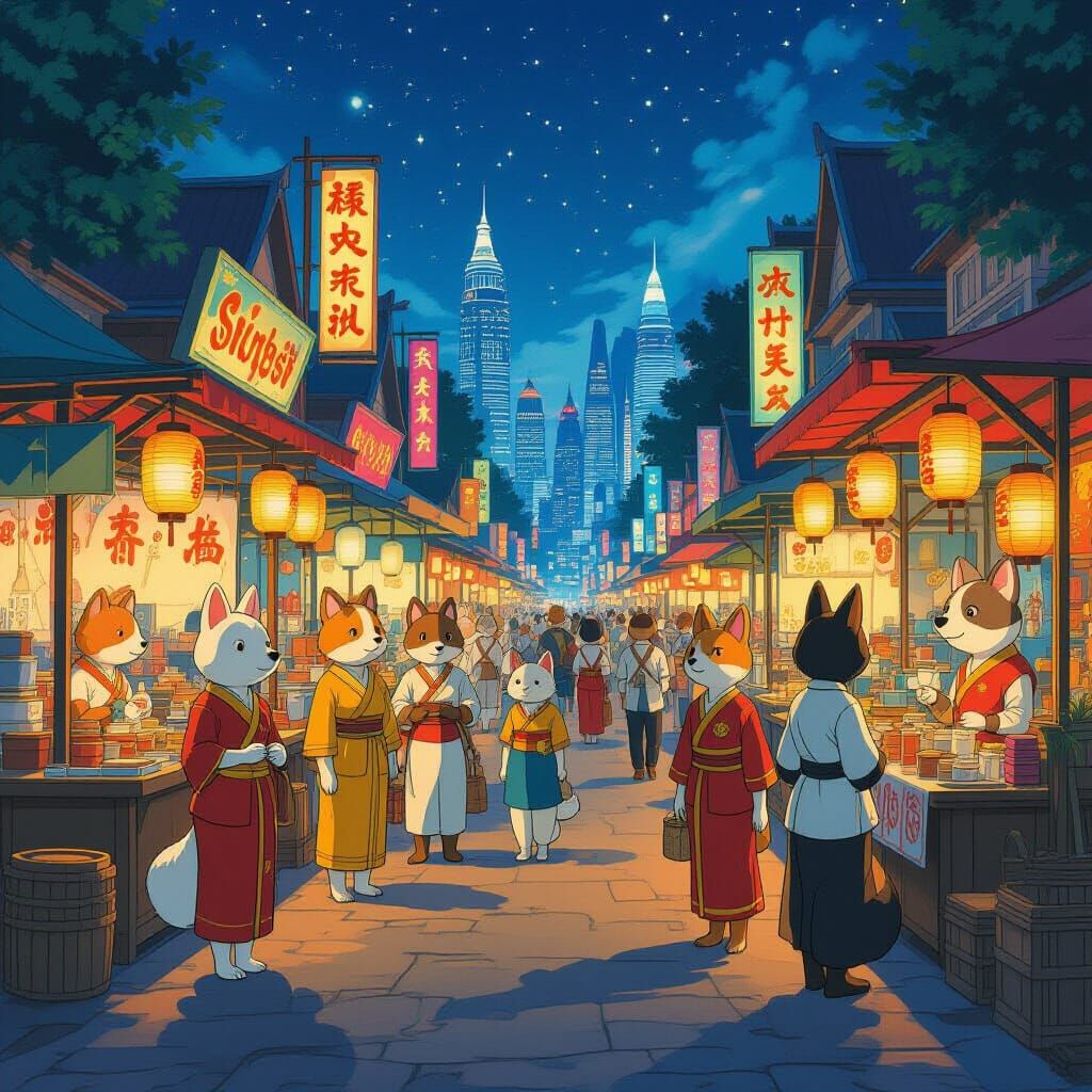 Futuristic Thai Night Market with Anthropomorphic Animals
