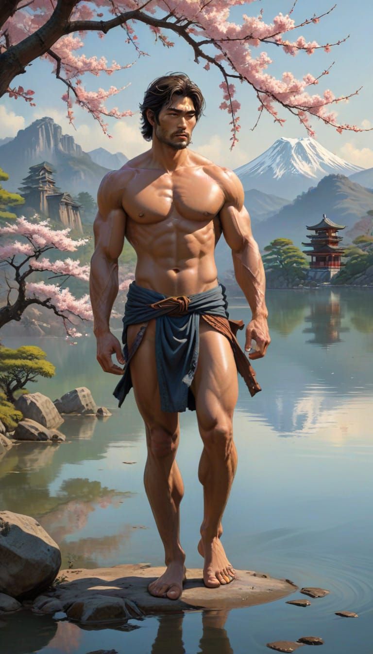 Majestic Mountain Man Amidst Vibrant Sakura Bloom
