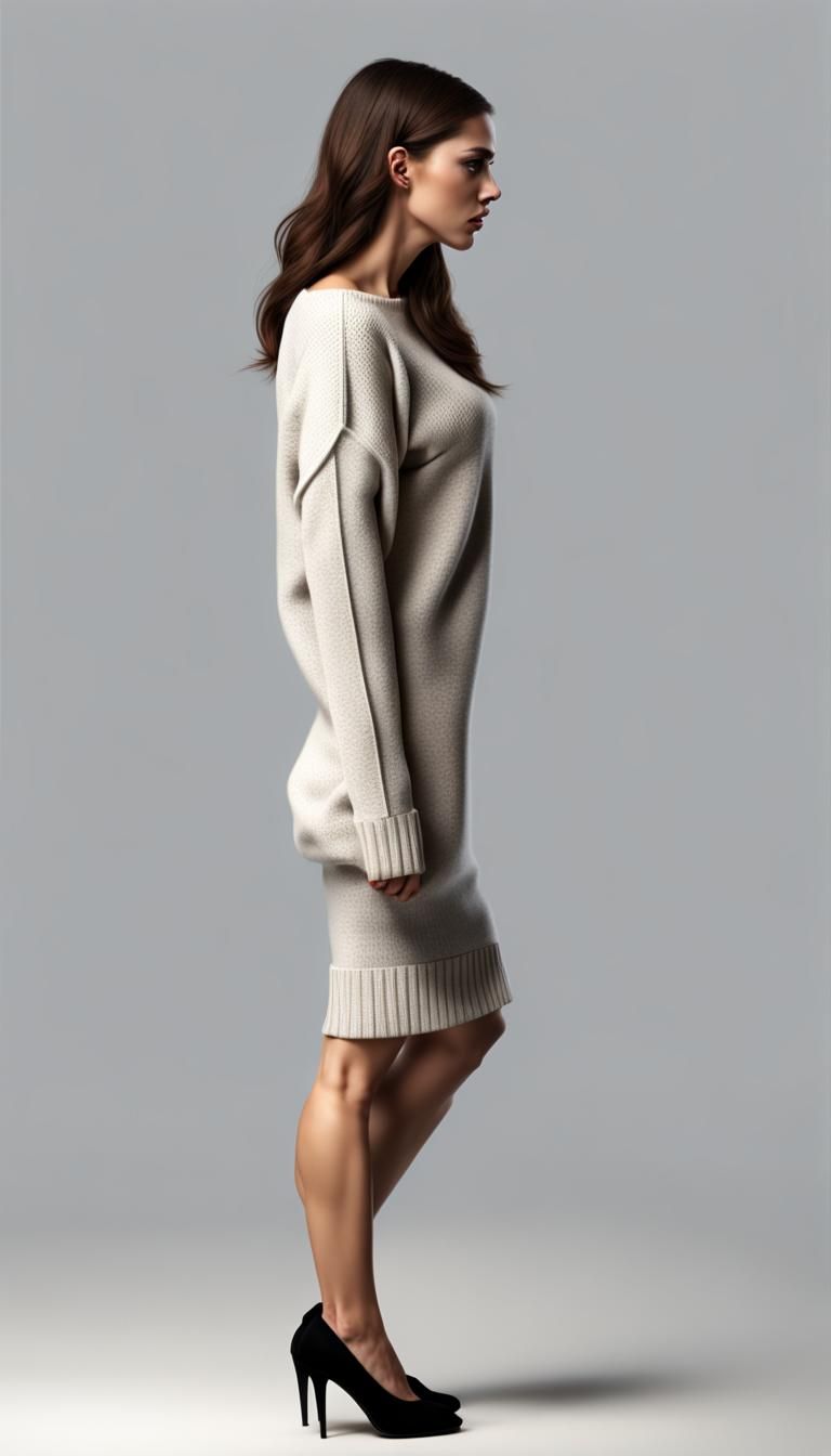 Angry Woman in Sweater Dress Points Down