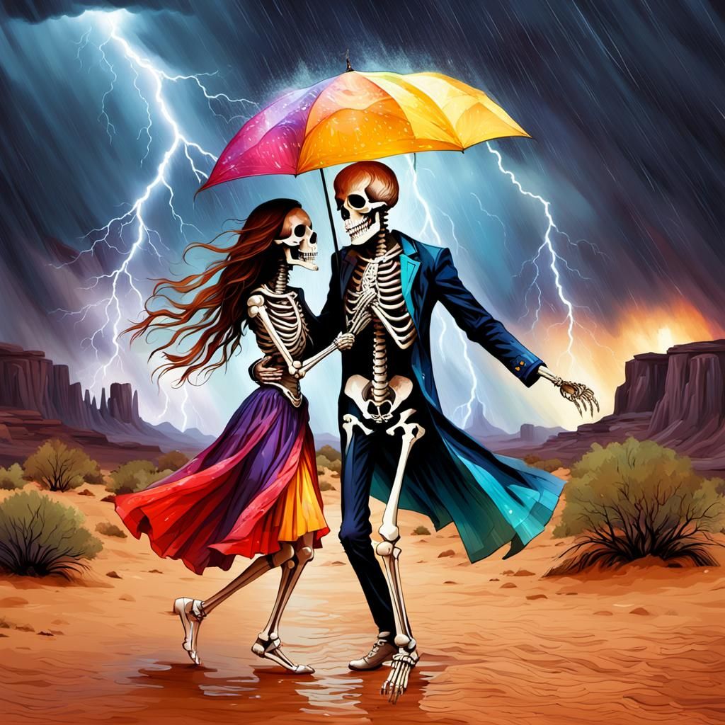 Skeleton Lovers Dancing in Desert Rainstorm