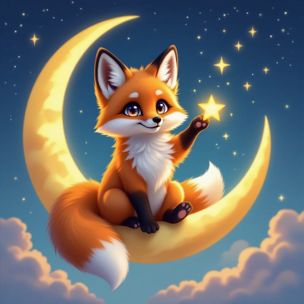 Fluffy Fox Batting Star on Moon in Celestial Style