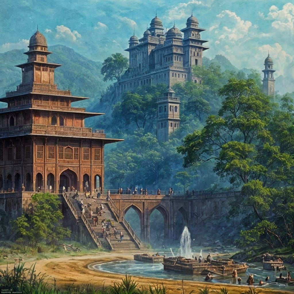 Enchanted Indian Village: Ink Painting Reverie