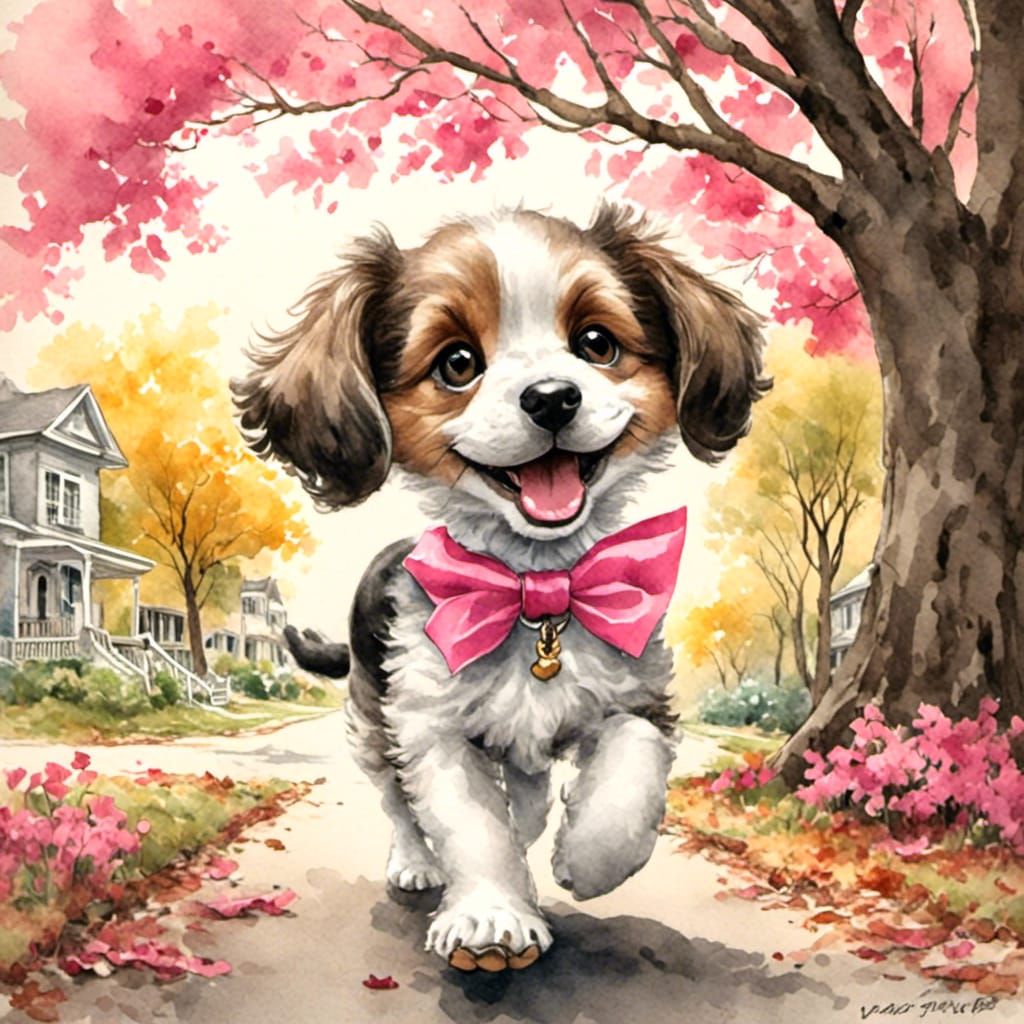 Antique Watercolor Puppy with Bone Illustration