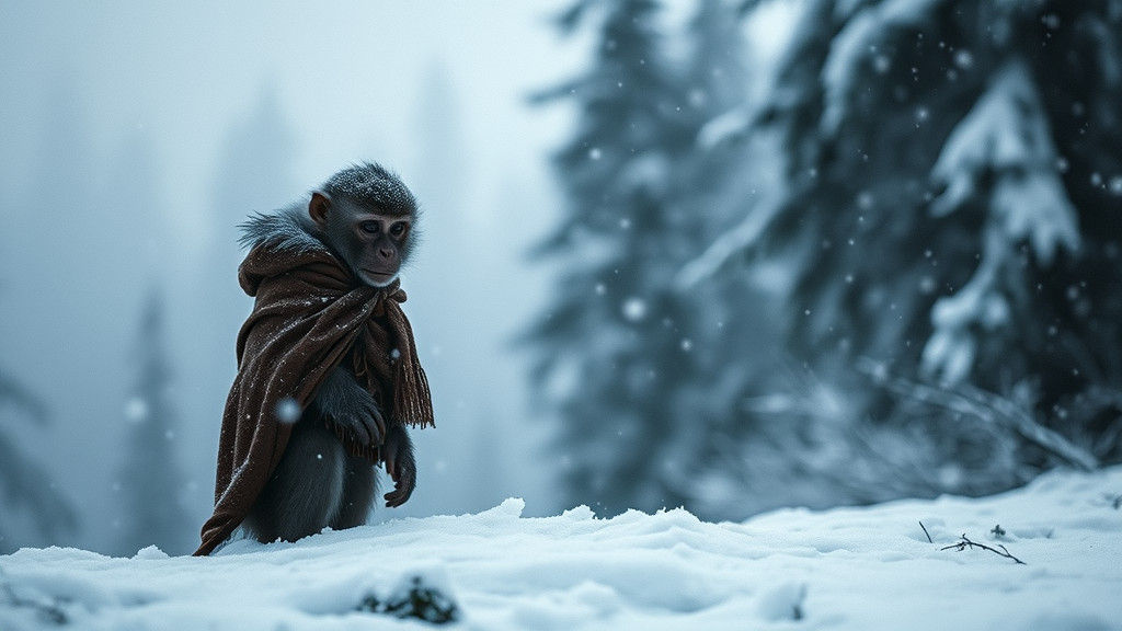 Shivering Monkey in Frost-Bitten Winter Wonderland