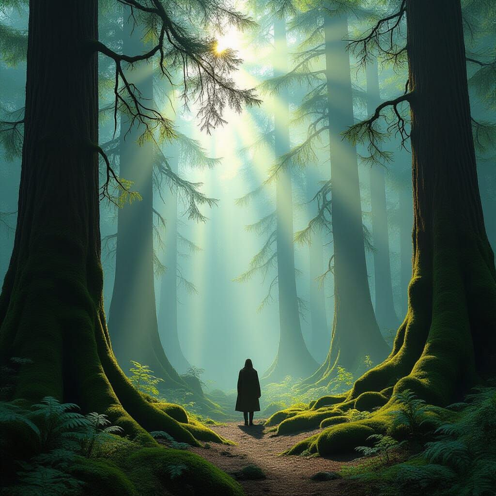 Sunlit Ancient Forest with Misty Atmosphere