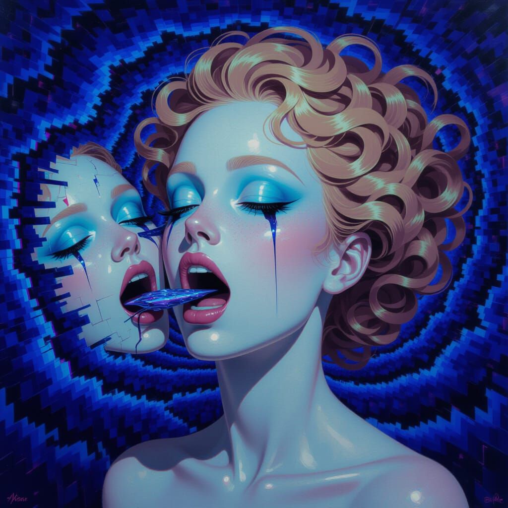 Surreal Female Portrait Devouring Distorted Reflection in Gl...