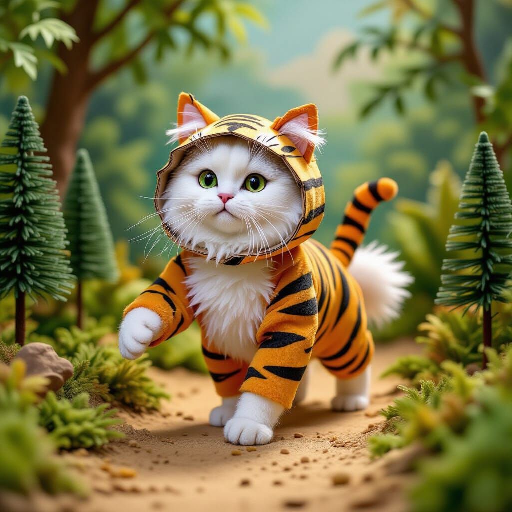 Fluffy Cat in Cardboard Tiger Costume Struts Through Diorama