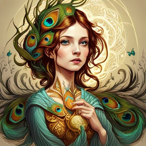 Peacock Princess with Golden Outlines Digital Painting