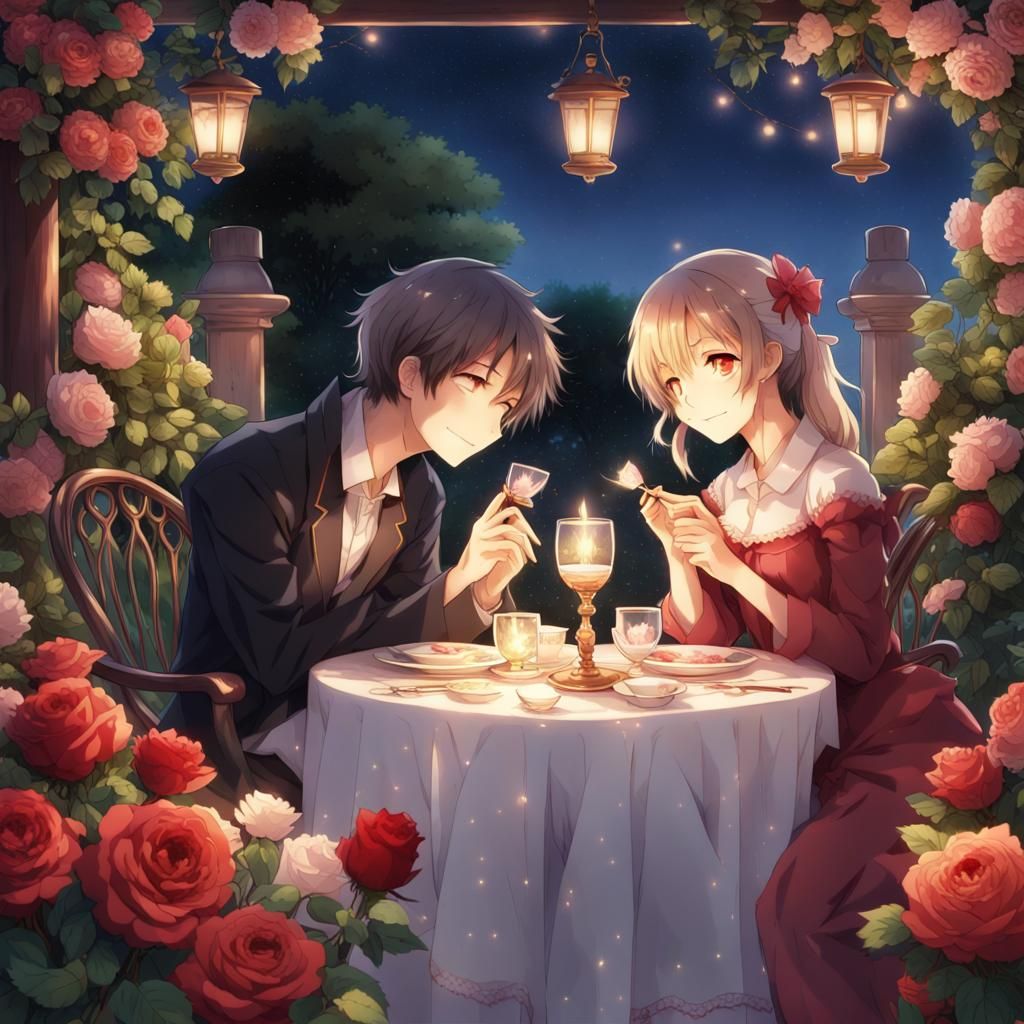 Romantic Garden Dinner in Anime Style