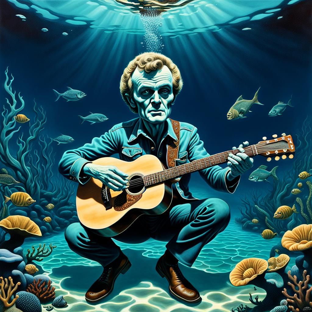 Jerry Reed playing guitar underwater.