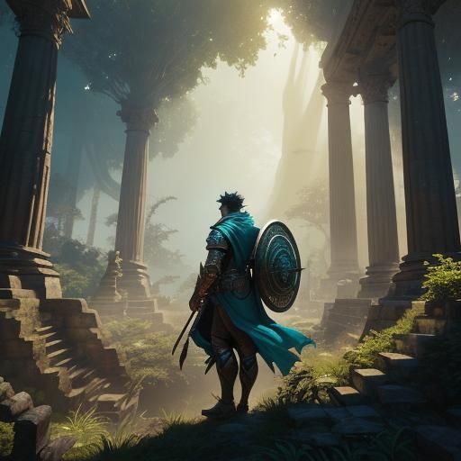 Heroic Figure on Ancient Temple in Lush Landscape